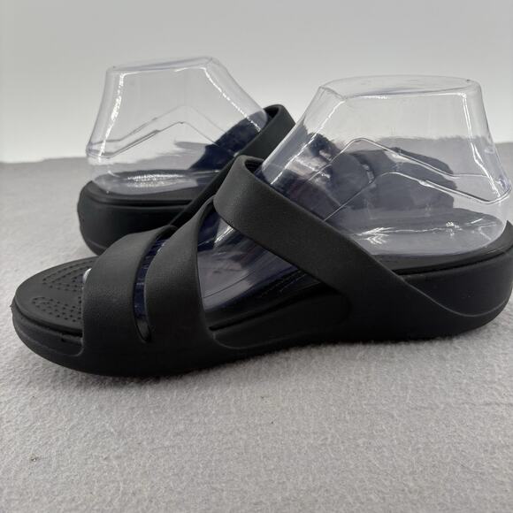Crocs Shoe Womens 10 Black Monterey Strappy Wedge Casual Comfort Slip On Sandal - Picture 8 of 10
